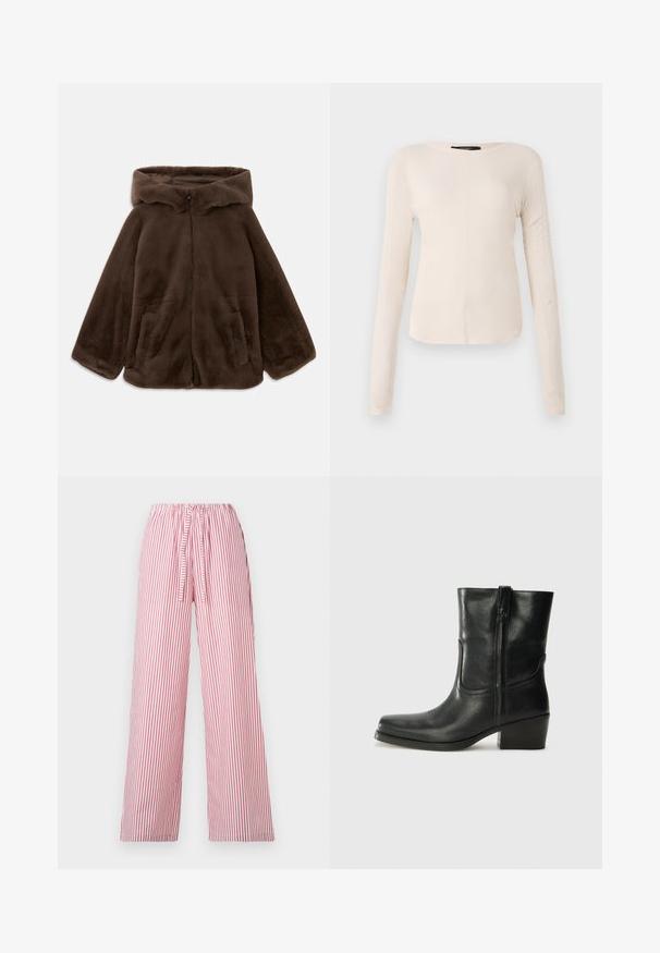 Casaco capuz de pele sintética castanho, com fecho de correr na frente e bolsos laterais, exibido deitado sobre um fundo branco.; Camisola de mangas longas, bege claro, com decote redondo. Feita de um tecido macio, apresenta uma costura central e uma bainha ligeiramente curva. Sem ferragens visíveis.; Calças largas listradas em vermelho e branco, com faixa elástica na cintura e cordão, feitas de tecido leve para conforto.; Bota de tornozelo em couro preto com bico arredondado, salto bloco, fecho lateral e detalhes em costura na parte frontal. Textura suave, design clássico.