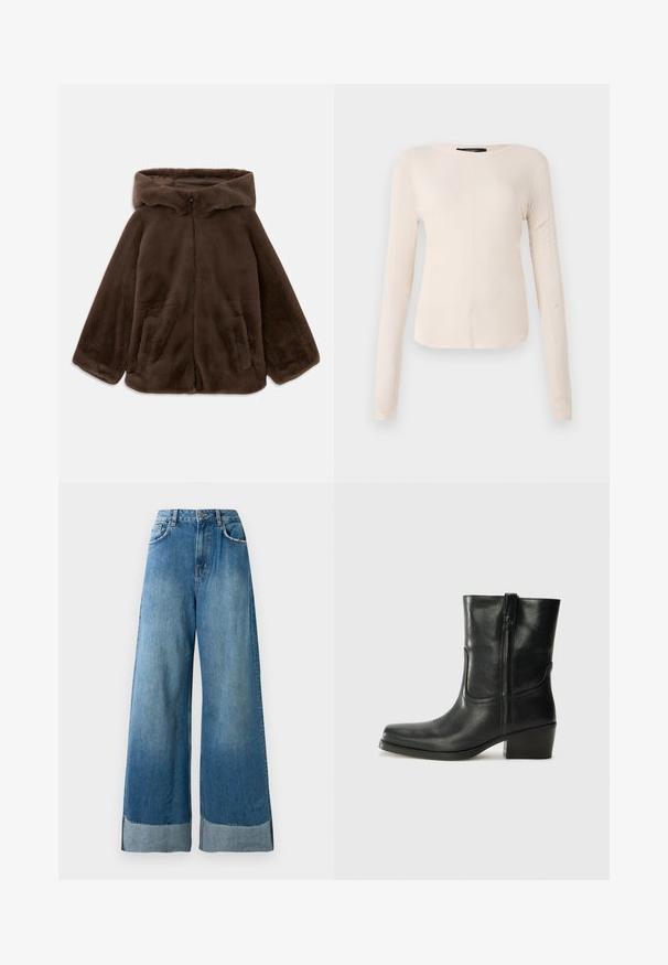 Hnědá bunda s kapucí z umělé kožešiny se zipem vpředu a bočními kapsami, položená na bílé pozadí.; Dlouhý rukáv, světle béžový top s kulatým výstřihem. Vyrobeno z jemné látky, má středový šev a mírně zaoblený lem. Bez viditelné kovové úpravy.; Džínové kalhoty s vysokým pasem a širokými nohavicemi v modré barvě, s předními kapsami, zapínáním na knoflík a viditelným vybledlým detailem na lemu.; Černá kožená kotníková bota s kulatou špičkou, blokovým podpatkem, bočním zipem a prošíváním na svršku. Hladký povrch, klasický design.