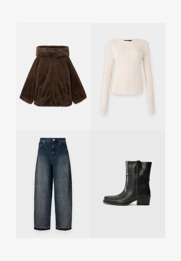 Ruskea tekoturkishuppari, jossa on etuvetoketju ja sivutaskut, esitelty tasaisena valkoista taustaa vasten.; Pitkähihainen, vaaleanbeige paita, jossa on pyöreä kaula-aukko. Valmistettu pehmeästä kankaasta, jossa on keskeinen sauma ja hieman kaareva helma. Ei näkyvää metalliosaa.; Tumman denim kangas leveälahkeiset farkut korkealla vyötäröllä, viisi taskua, näkyvät saumat ja kevyttä kulutusta etuosassa. Klassinen nappi- ja vetskarihytti.; Musta nahkasaapas nilkkamittaisella varrella, pyöreällä kärjellä, lohkarekorolla, sivuvetoketjulla ja ompeluaksentilla varren yläosassa. Suora pinta, klassinen muotoilu.