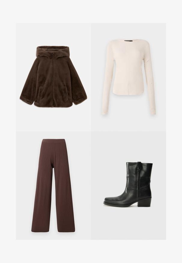 Smeđi lažni krzneni kaput s kapuljačom, prednjim zatvaračem i bočnim džepovima, prikazan u ravnom položaju na bijeloj pozadini.; Dugih rukava, svijetlo bež majica s okruglim izrezom. Izrađena od mekanog materijala, ima središnji šav i blago zakrivljen rub. Nema vidljivih metalnih dijelova.; Široke hlače od tamno smešnog rebrastog materijala sa visokim strukom i lepršavim siluetom, naglašavajući teksturu i volumen.; Crne kožne čizme do članaka s okruglim vrhom, blok potpeticom, bočnim patentnim zatvaračem i detaljima od šavova na gornjem dijelu. Glatka tekstura, klasičan dizajn.