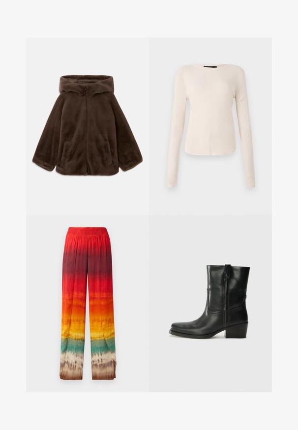 Bruine nep-bont capuchonjack met voorrits en zijzakken, plat gelegd op een witte achtergrond.; Langsleeve, lichtbeige top met een ronde halslijn. Gemaakt van zachte stof, heeft een centrale naad en een iets gebogen rand. Geen zichtbare hardware.; Wijde broek met een gradient ontwerp in rood, oranje, geel en groen. Gemaakt van een gladde, lichte stof met een elastische tailleband.; Zwarte leren enkellaars met een ronde neus, blokhak, zijrits en stikselaccenten op de wreef. Gladde textuur, klassiek ontwerp.