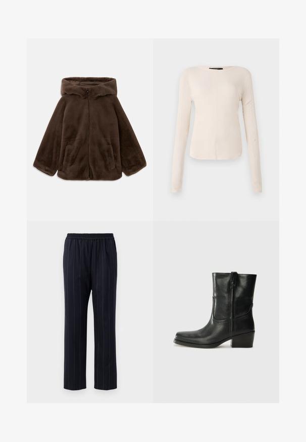 Veste à capuche en fausse fourrure marron avec fermeture éclair avant et poches latérales, présentée à plat sur un fond blanc.; Haut à manches longues, beige clair avec un col rond. Fait dans un tissu doux, il présente une couture centrale et un ourlet légèrement courbé. Pas de métal visible.; Pantalon bleu marine avec des rayures verticales, taille élastique, design à jambe droite, texture lisse et sans poches visibles.; Bottine en cuir noir avec un bout rond, un talon carré, une fermeture éclair sur le côté et des coutures décoratives sur l'empeigne. Texture lisse, design classique.