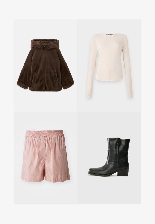 Hnedá umelá kožušinová bunda s kapucňou, predným zipsom a bočnými vreckami, zobrazená položená na bielom pozadí.; Dlhý rukáv, svetlo béžový top s okrúhlym výstrihom. Vyrobený z mäkkej látky, má stredový šev a mierne zakrivený spodný okraj. Bez viditeľného hardvéru.; Svetlo ružové šortky s vertikálnymi pruhmi v červenej a bielej farbe. Elastický pás; voľný strih; hladká textúra s minimálnym zdobením.; Čierne kožené členkové topánky s okrúhlou špičkou, blokovým podpätkom, bočným zipsom a prešívaním na priehlavku. Hladká textúra, klasický dizajn.