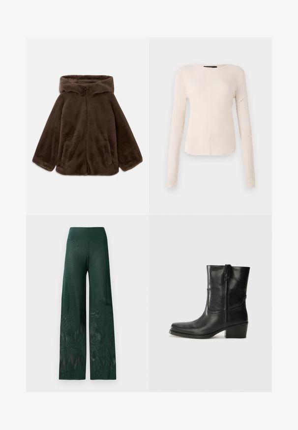 Jachetă cu glugă din blană artificială maro, cu fermoar frontal și buzunare laterale, prezentată întinsă pe un fundal alb.; Top cu mânecă lungă, de culoare bej deschis, cu decolteu rotund. Realizat dintr-un material moale, prezintă o cusătură centrală și un tiv ușor curbat. Fără elemente de prindere vizibile.; Pantaloni largi verzi din plasă ușoară, cu un model în zigzag la tiv. Prezintă un brâu neted pentru confort.; Botine din piele neagră, cu vârf rotund, toc pătrat, fermoar pe lateral și accente de cusături pe partea superioară. Textură netedă, design clasic.