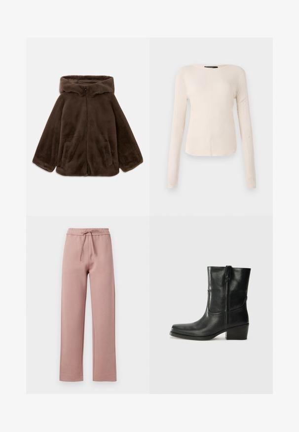 Rjava umjetna krzna jakna s kapuljačom, s prednjim zatvaračem i bočnim žepovima, prikazana položena ravno na bijeloj pozadini.; Dolga majica v svetlo bež barvi s okroglim izrezom. Narejena iz mehkega materiala, ima osrednji šiv in rahlo ukrivljen rob. Ni vidnih elementov.; Sweatpants iz mehkega roza blaga, z vrvico v pasu, širokim krojem in ravnim robom z diskretnimi šivi.; Črne usnjene gležnjarje z zaobljenim nosom, blok peto, stransko zadrgo in šivanjem na vampu. Gladka tekstura, klasična zasnova.