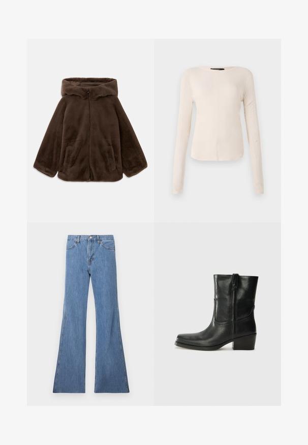 Hnědá bunda s kapucí z umělé kožešiny se zipem vpředu a bočními kapsami, položená na bílé pozadí.; Dlouhý rukáv, světle béžový top s kulatým výstřihem. Vyrobeno z jemné látky, má středový šev a mírně zaoblený lem. Bez viditelné kovové úpravy.; Světle modré denimové zvonové džíny s vysokým pasem, které mají klasický pětikapsový design a kontrastní prošití podél švů.; Černá kožená kotníková bota s kulatou špičkou, blokovým podpatkem, bočním zipem a prošíváním na svršku. Hladký povrch, klasický design.
