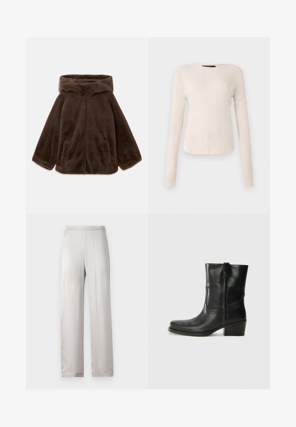 Brown faux fur hooded jacket with front zipper and side pockets, shown laid flat on a white background.; Long-sleeve, light beige top with a round neckline. Made of soft fabric, features a central seam and slightly curved hem. No visible hardware.; Light gray, satin fabric trousers with a wide-leg design. Smooth texture, elastic waistband, and no visible patterns or hardware accents.; Black leather ankle boot with a rounded toe, block heel, side zipper, and stitching accents on the vamp. Smooth texture, classic design.
