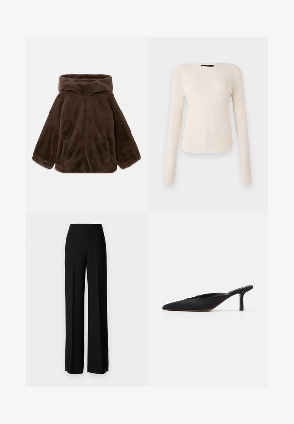 Brown faux fur hooded jacket with front zipper and side pockets, shown laid flat on a white background.; Long-sleeve, light beige top with a round neckline. Made of soft fabric, features a central seam and slightly curved hem. No visible hardware.; Black wide-leg trousers with a smooth texture, featuring a high waistband and center pleats. No visible patterns or hardware details.; Black pointed-toe mule with a sleek design, made of smooth fabric, featuring a slender heel and open back for easy wear.