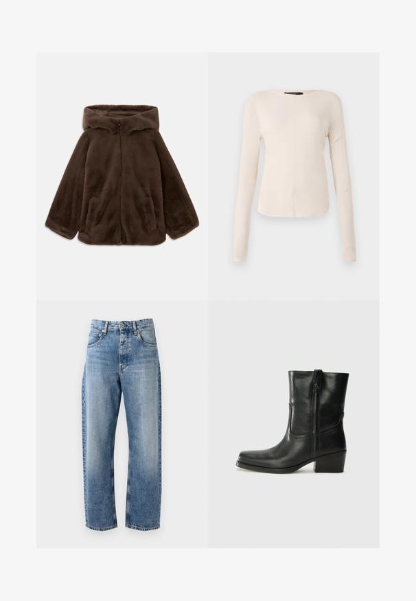 Casaco capuz de pele sintética castanho, com fecho de correr na frente e bolsos laterais, exibido deitado sobre um fundo branco.; Camisola de mangas longas, bege claro, com decote redondo. Feita de um tecido macio, apresenta uma costura central e uma bainha ligeiramente curva. Sem ferragens visíveis.; As calças de ganga azul claro apresentam um corte relaxado, pernas retas, design de cinco bolsos, acessórios em tom cobre e um acabamento desbotado.; Bota de tornozelo em couro preto com bico arredondado, salto bloco, fecho lateral e detalhes em costura na parte frontal. Textura suave, design clássico.