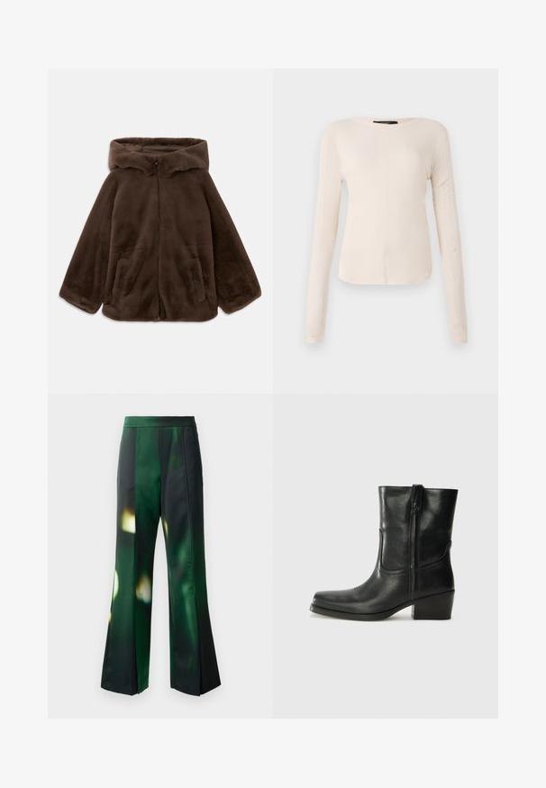 Hnedá umelá kožušinová bunda s kapucňou, predným zipsom a bočnými vreckami, zobrazená položená na bielom pozadí.; Dlhý rukáv, svetlo béžový top s okrúhlym výstrihom. Vyrobený z mäkkej látky, má stredový šev a mierne zakrivený spodný okraj. Bez viditeľného hardvéru.; Rozšírené nohavice vyrobené z modro-čierneho saténového materiálu so abstraktným vzorom, hladkým povrchom a štruktúrovaným pásom.; Čierne kožené členkové topánky s okrúhlou špičkou, blokovým podpätkom, bočným zipsom a prešívaním na priehlavku. Hladká textúra, klasický dizajn.