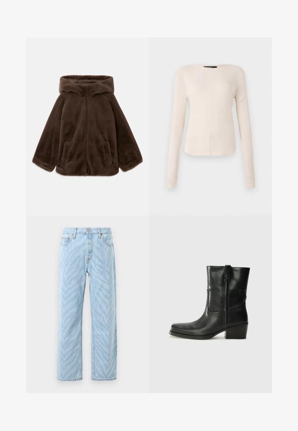 Smeđi lažni krzneni kaput s kapuljačom, prednjim zatvaračem i bočnim džepovima, prikazan u ravnom položaju na bijeloj pozadini.; Dugih rukava, svijetlo bež majica s okruglim izrezom. Izrađena od mekanog materijala, ima središnji šav i blago zakrivljen rub. Nema vidljivih metalnih dijelova.; Svijetloplave ravne traperice s suptilnim uzorkom zebre, s gumbom i patentnim zatvaračem, te dizajnom s pet džepova.; Crne kožne čizme do članaka s okruglim vrhom, blok potpeticom, bočnim patentnim zatvaračem i detaljima od šavova na gornjem dijelu. Glatka tekstura, klasičan dizajn.