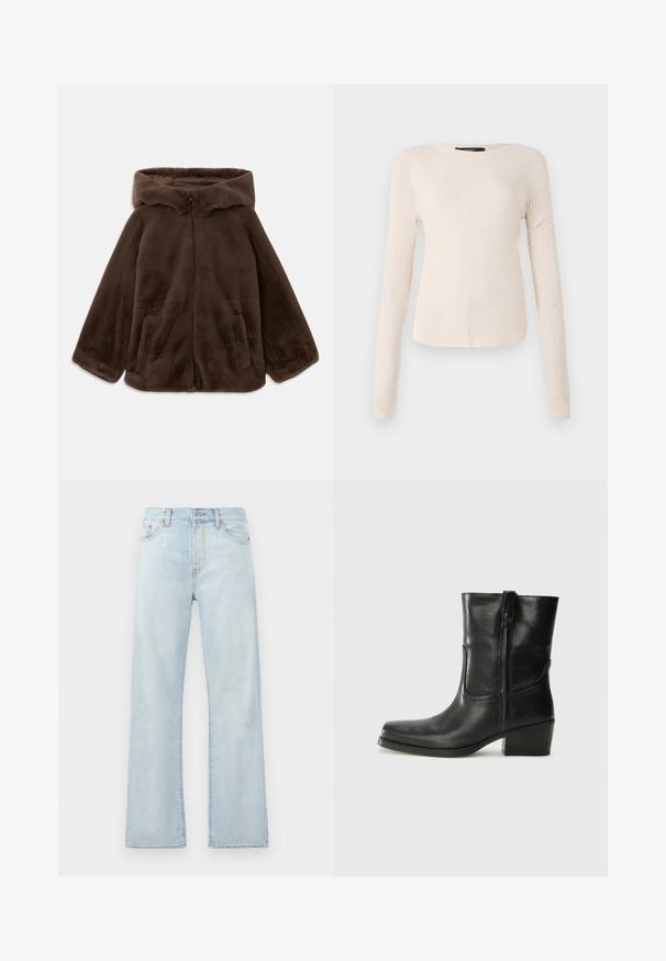 Ruda dirbtinė kailio striukė su gobtuvu, priekiniais užtrauktukais ir šoninėmis kišenėmis, parodyta ištiesta ant baltos fono.; Ilgesnių rankovių, šviesiai bežinis viršus su apvaliu iškirpimu. Pagamintas iš minkštos medžiagos, turi centrinę siūlę ir šiek tiek kreivą apatinių kraštų liniją. Matomų detalių nėra.; Šviesiai mėlyni džinsai su aukštu liemeniu, plačiomis kojomis ir subtiliu išblukimu. Yra klasikinis penkių kišenių dizainas ir toniniai siuvinėjimo akcentai.; Juodi odiniai aulinukai iki kulkšnies su apvali nosimi, blokuotais kulnais, šonine užtrauktuku ir siuvimo akcentais ant viršutinės dalies. Lygi tekstūra, klasikinis dizainas.