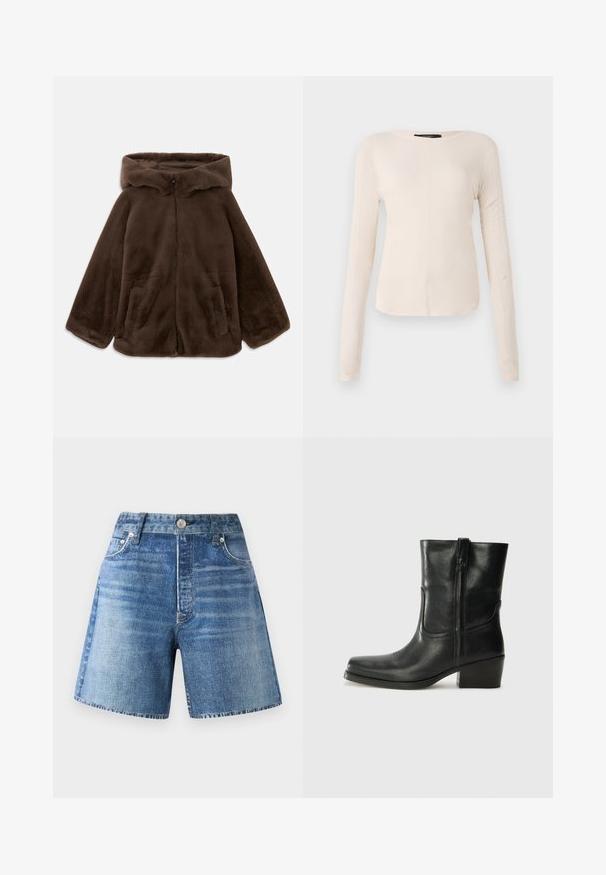 Hnědá bunda s kapucí z umělé kožešiny se zipem vpředu a bočními kapsami, položená na bílé pozadí.; Dlouhý rukáv, světle béžový top s kulatým výstřihem. Vyrobeno z jemné látky, má středový šev a mírně zaoblený lem. Bez viditelné kovové úpravy.; Džínové kraťasy v světlé modré barvě s vysokým pasem, pěti kapsami a zapínáním na knoflík, které mají vybledlou texturu a nerozřezaný lem.; Černá kožená kotníková bota s kulatou špičkou, blokovým podpatkem, bočním zipem a prošíváním na svršku. Hladký povrch, klasický design.