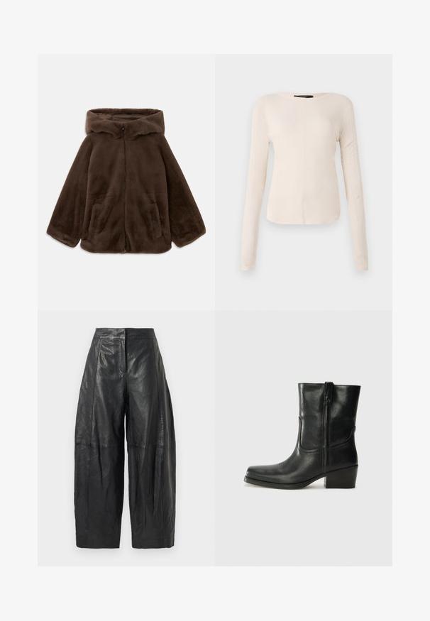 Ruskea tekoturkishuppari, jossa on etuvetoketju ja sivutaskut, esitelty tasaisena valkoista taustaa vasten.; Pitkähihainen, vaaleanbeige paita, jossa on pyöreä kaula-aukko. Valmistettu pehmeästä kankaasta, jossa on keskeinen sauma ja hieman kaareva helma. Ei näkyvää metalliosaa.; Musta nahka leveälahkeiset housut, joissa on korkea vyötärö, hienovaraiset saumat ja sileä pinta. Cropattu pituus polven puoliväliin.; Musta nahkasaapas nilkkamittaisella varrella, pyöreällä kärjellä, lohkarekorolla, sivuvetoketjulla ja ompeluaksentilla varren yläosassa. Suora pinta, klassinen muotoilu.