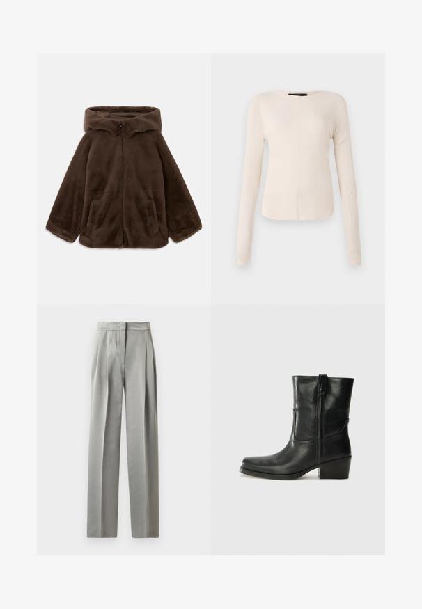 Braune Kunstfelljacke mit Kapuze, Vorderreißverschluss und Seitentaschen, auf einem weißen Hintergrund liegend gezeigt.; Langärmliges, hellbeiges Oberteil mit rundem Ausschnitt. Aus weichem Stoff gefertigt, verfügt es über eine zentrale Naht und einen leicht geschwungenen Saum. Keine sichtbaren Beschläge.; Hellgraue, maßgeschneiderte Hose mit glatter Textur, die vorne Falten, einen weiten Bein-Ausschnitt und einen enganliegenden Bund aufweist.; Schwarze Leder-Ankle Boots mit runder Zehenform, Blockabsatz, seitlichem Reißverschluss und gestickten Akzenten auf dem Blatt. Glatte Textur, klassisches Design.