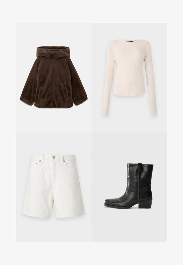 Brun fuskpälsjacka med huva, framdragkedja och sidofickor, visad liggande på en vit bakgrund.; Långärmad, ljusbeige topp med rund halsringning. Tillverkad i mjukt material, har en central söm och något rundad nederkant. Inga synliga detaljer.; Vita denimshorts med rak skärning, femficksdesign, framknäppning, silverfärgad hårdvara och sydda detaljer.; Svart läderankelboot med rund tå, blockklack, sidodragkedja och sömmar på ovandelen. Slät textur, klassisk design.