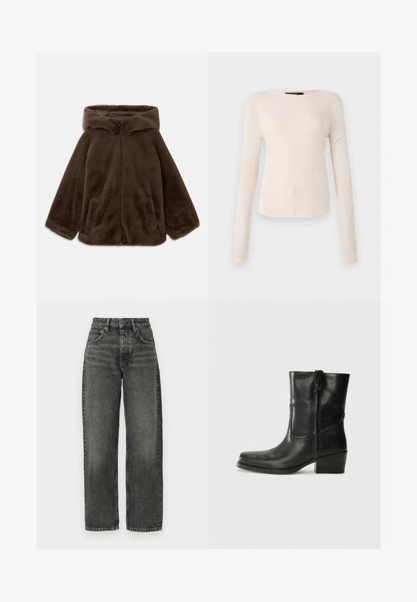 Smeđi lažni krzneni kaput s kapuljačom, prednjim zatvaračem i bočnim džepovima, prikazan u ravnom položaju na bijeloj pozadini.; Dugih rukava, svijetlo bež majica s okruglim izrezom. Izrađena od mekanog materijala, ima središnji šav i blago zakrivljen rub. Nema vidljivih metalnih dijelova.; Won Hundred ALEXANDRA - Traperice opuštenog kroja - tinted black; Crne kožne čizme do članaka s okruglim vrhom, blok potpeticom, bočnim patentnim zatvaračem i detaljima od šavova na gornjem dijelu. Glatka tekstura, klasičan dizajn.