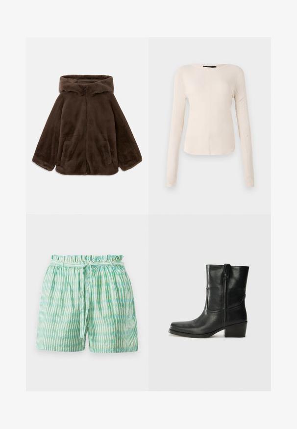 Casaco capuz de pele sintética castanho, com fecho de correr na frente e bolsos laterais, exibido deitado sobre um fundo branco.; Camisola de mangas longas, bege claro, com decote redondo. Feita de um tecido macio, apresenta uma costura central e uma bainha ligeiramente curva. Sem ferragens visíveis.; Calças curtas leves com uma cintura elástica franzida, apresentando riscas verticais alternadas em verde e branco, com um cinto de laço.; Bota de tornozelo em couro preto com bico arredondado, salto bloco, fecho lateral e detalhes em costura na parte frontal. Textura suave, design clássico.