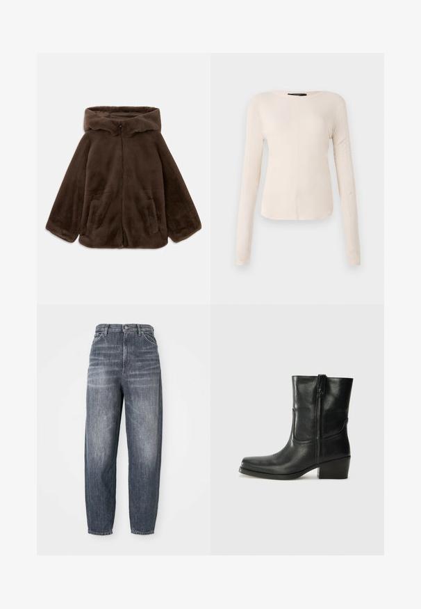 Brązowa kurtka z sztucznego futra z kapturem, z zamkiem błyskawicznym z przodu i bocznymi kieszeniami, zaprezentowana leżąca na białym tle.; Długi rękaw, jasnobeżowa bluzka z okrągłym dekoltem. Wykonana z miękkiego materiału, posiada centralny szew oraz lekko zaokrąglony dół. Brak widocznych elementów metalowych.; Granatowe dżinsy wykonane z denimu, charakteryzujące się luźnym krojem, prostą nogawką i subtelnie wyblakłym kolorem. Standardowy fason z pięcioma kieszeniami oraz zapięciem na guzik.; Czarne skórzane botki za kostkę z okrągłym noskiem, słupkowym obcasem, bocznym zamkiem i przeszyciami na cholewce. Gładka tekstura, klasyczny design.