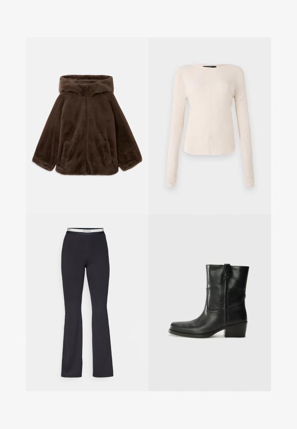 Hnědá bunda s kapucí z umělé kožešiny se zipem vpředu a bočními kapsami, položená na bílé pozadí.; Dlouhý rukáv, světle béžový top s kulatým výstřihem. Vyrobeno z jemné látky, má středový šev a mírně zaoblený lem. Bez viditelné kovové úpravy.; Černé rozšiřující se kalhoty vyrobené z elastického materiálu, s širokým pasem a kontrastním logem. Hladká textura a minimalistický design.; Černá kožená kotníková bota s kulatou špičkou, blokovým podpatkem, bočním zipem a prošíváním na svršku. Hladký povrch, klasický design.