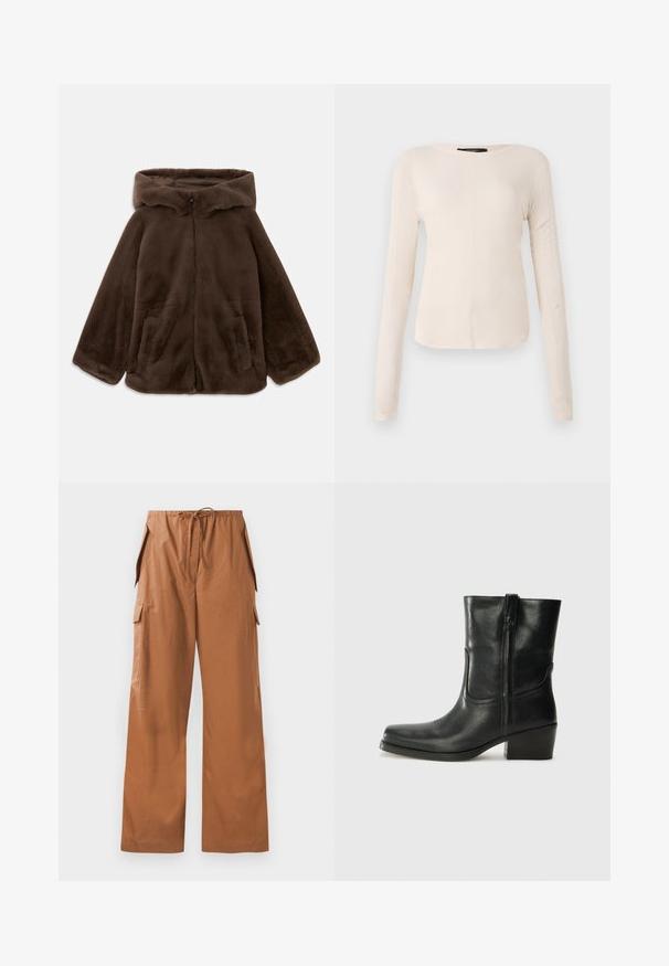Hnedá umelá kožušinová bunda s kapucňou, predným zipsom a bočnými vreckami, zobrazená položená na bielom pozadí.; Dlhý rukáv, svetlo béžový top s okrúhlym výstrihom. Vyrobený z mäkkej látky, má stredový šev a mierne zakrivený spodný okraj. Bez viditeľného hardvéru.; Hnedé cargo nohavice s širokým strihom vyrobené z ľahkého materiálu, s elastickým pásom na šnúrku a bočnými vreckami.; Čierne kožené členkové topánky s okrúhlou špičkou, blokovým podpätkom, bočným zipsom a prešívaním na priehlavku. Hladká textúra, klasický dizajn.
