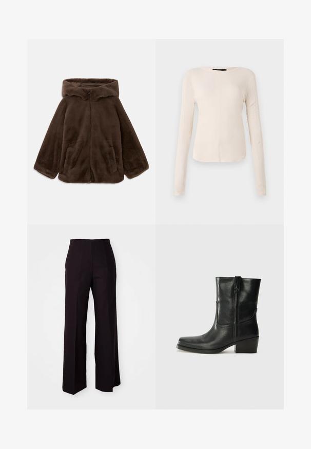 Brown faux fur hooded jacket with front zipper and side pockets, shown laid flat on a white background.; Long-sleeve, light beige top with a round neckline. Made of soft fabric, features a central seam and slightly curved hem. No visible hardware.; Black wide-leg trousers with a high waist, featuring a smooth texture and subtle front pleats, tailored for a structured fit.; Black leather ankle boot with a rounded toe, block heel, side zipper, and stitching accents on the vamp. Smooth texture, classic design.