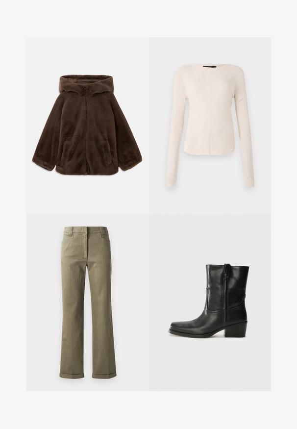 Rjava umjetna krzna jakna s kapuljačom, s prednjim zatvaračem i bočnim žepovima, prikazana položena ravno na bijeloj pozadini.; Dolga majica v svetlo bež barvi s okroglim izrezom. Narejena iz mehkega materiala, ima osrednji šiv in rahlo ukrivljen rob. Ni vidnih elementov.; Beige široke hlače iz mehkega materiala. Imajo zavihan rob, sprednje žepe in zadrgo s gumbom.; Črne usnjene gležnjarje z zaobljenim nosom, blok peto, stransko zadrgo in šivanjem na vampu. Gladka tekstura, klasična zasnova.