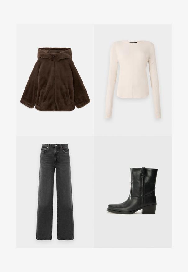 Ruda dirbtinė kailio striukė su gobtuvu, priekiniais užtrauktukais ir šoninėmis kišenėmis, parodyta ištiesta ant baltos fono.; Ilgesnių rankovių, šviesiai bežinis viršus su apvaliu iškirpimu. Pagamintas iš minkštos medžiagos, turi centrinę siūlę ir šiek tiek kreivą apatinių kraštų liniją. Matomų detalių nėra.; Juodos džinsinės kelnės su aukštu liemeniu, tiesiomis kojomis, priekyje su sagtele ir užtrauktuku, dviem priekinėmis kišenėmis ir dviem galinėmis kišenėmis.; Juodi odiniai aulinukai iki kulkšnies su apvali nosimi, blokuotais kulnais, šonine užtrauktuku ir siuvimo akcentais ant viršutinės dalies. Lygi tekstūra, klasikinis dizainas.