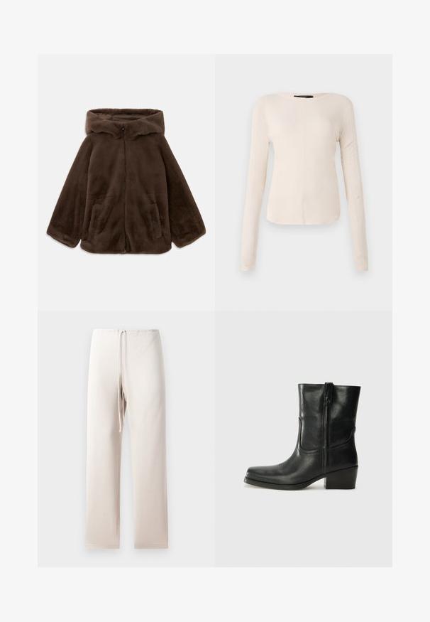 Bruine nep-bont capuchonjack met voorrits en zijzakken, plat gelegd op een witte achtergrond.; Langsleeve, lichtbeige top met een ronde halslijn. Gemaakt van zachte stof, heeft een centrale naad en een iets gebogen rand. Geen zichtbare hardware.; Licht beige stoffen broek met een rechte snit, voorzien van een elastische tailleband en trekkoord. Het materiaal lijkt zacht en glad.; Zwarte leren enkellaars met een ronde neus, blokhak, zijrits en stikselaccenten op de wreef. Gladde textuur, klassiek ontwerp.