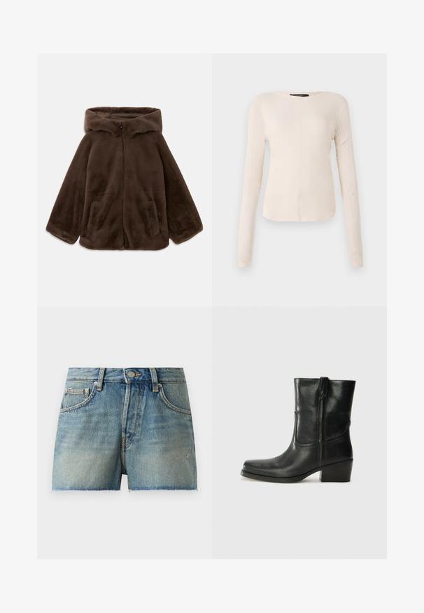 Brown faux fur hooded jacket with front zipper and side pockets, shown laid flat on a white background.; Long-sleeve, light beige top with a round neckline. Made of soft fabric, features a central seam and slightly curved hem. No visible hardware.; Denim shorts in light blue, featuring a high-waisted design, frayed hem, and traditional five-pocket style with metal hardware.; Black leather ankle boot with a rounded toe, block heel, side zipper, and stitching accents on the vamp. Smooth texture, classic design.