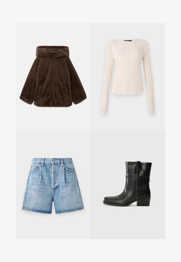 Καφέ ψεύτικο γούνα μπουφάν με κουκούλα, φερμουάρ μπροστά και πλαϊνές τσέπες, τοποθετημένο επίπεδα σε λευκό φόντο.; Μακρυμάνικη, ανοιχτό μπεζ μπλούζα με στρογγυλή λαιμόκοψη. Φτιαγμένη από μαλακό ύφασμα, διαθέτει κεντρική ραφή και ελαφρώς καμπυλωτό τελείωμα. Χωρίς ορατά αξεσουάρ.; Ανοιχτό μπλε τζιν σορτς με ψηλή μέση, που διαθέτει κούμπωμα και φερμουάρ, μπροστινές τσέπες και ανοικτή ραφή στο στρίφωμα.; Μαύρη δερμάτινη μπότες αστραγάλου με στρογγυλή μύτη, τετράγωνη φτέρνα, πλαϊνό φερμουάρ και ραφές στη μύτη. Ομαλή υφή, κλασικός σχεδιασμός.