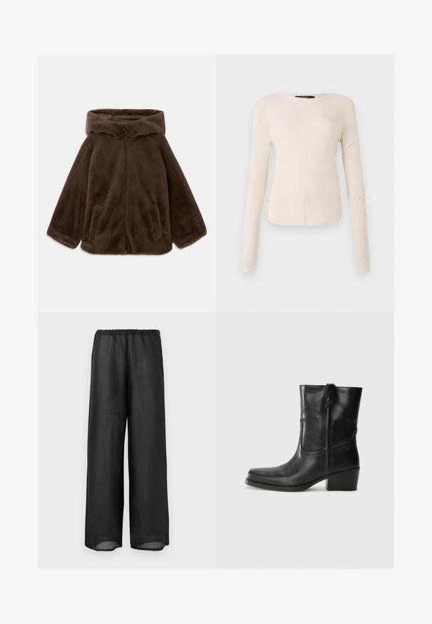 Rjava umjetna krzna jakna s kapuljačom, s prednjim zatvaračem i bočnim žepovima, prikazana položena ravno na bijeloj pozadini.; Dolga majica v svetlo bež barvi s okroglim izrezom. Narejena iz mehkega materiala, ima osrednji šiv in rahlo ukrivljen rob. Ni vidnih elementov.; Črne široke hlače iz lahkotnega, polprozornega materiala z elastičnim pasom. Oblikovanje ponuja tekočo in sproščeno silhueto.; Črne usnjene gležnjarje z zaobljenim nosom, blok peto, stransko zadrgo in šivanjem na vampu. Gladka tekstura, klasična zasnova.