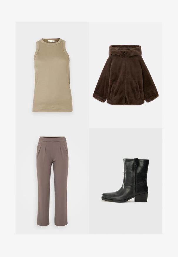 Jachetă cu glugă din blană artificială maro, cu fermoar frontal și buzunare laterale, prezentată întinsă pe un fundal alb.; Top bej fără mâneci, realizat dintr-un material ribbed. Dispune de un guler înalt și fante laterale. Eticheta este inscripționată "IVY OAK". Design simplu și aderent.; Pantaloni bej cu croi lejer, talie elastică și pliuri frontale, confecționați dintr-un material neted.; Botine din piele neagră, cu vârf rotund, toc pătrat, fermoar pe lateral și accente de cusături pe partea superioară. Textură netedă, design clasic.