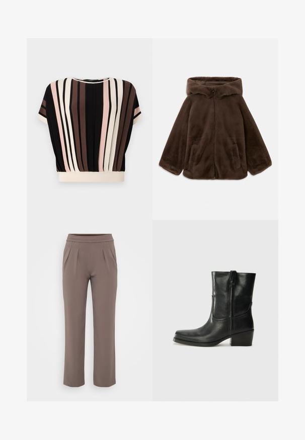 Hnědá bunda s kapucí z umělé kožešiny se zipem vpředu a bočními kapsami, položená na bílé pozadí.; Triko s krátkým rukávem se svislými pruhy v černé, krémové, růžové a hnědé barvě. Má kulatý výstřih a volný střih s krémovým lemem.; Taupe volné kalhoty s elastickým pasem a předními záhyby, vyrobené z hladkého materiálu.; Černá kožená kotníková bota s kulatou špičkou, blokovým podpatkem, bočním zipem a prošíváním na svršku. Hladký povrch, klasický design.