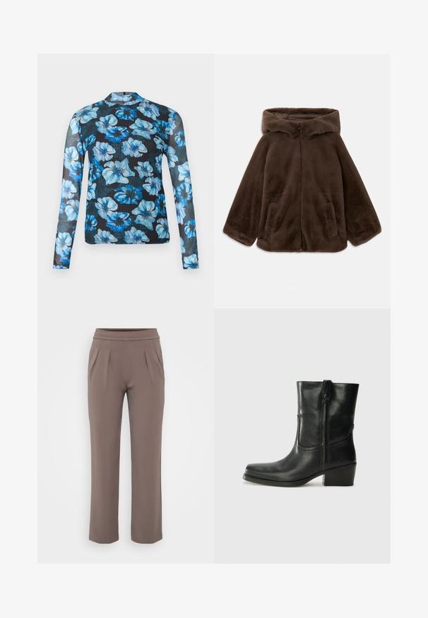 Smeđi lažni krzneni kaput s kapuljačom, prednjim zatvaračem i bočnim džepovima, prikazan u ravnom položaju na bijeloj pozadini.; Dugoručni top od prozirne crne tkanine ukrašen plavim cvjetnim uzorcima. Dizajn uključuje otvoreni okrugli izrez i uske rukave.; Taupe hlače širokog kroja s elastičnim pojasom i prednjim naborima, izrađene od glatkog materijala.; Crne kožne čizme do članaka s okruglim vrhom, blok potpeticom, bočnim patentnim zatvaračem i detaljima od šavova na gornjem dijelu. Glatka tekstura, klasičan dizajn.