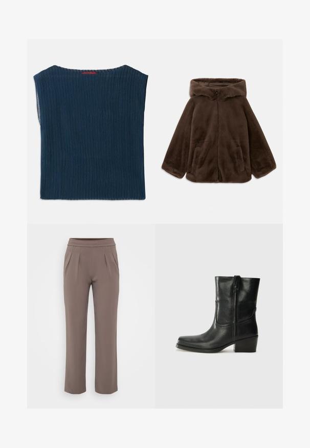 Bruine nep-bont capuchonjack met voorrits en zijzakken, plat gelegd op een witte achtergrond.; Donkerblauwe, ribbelstof top met een brede halslijn en korte mouwen. Rechte snit met afgewerkte randen. Geen zichtbare patronen of hardware.; Taupe losvallende broek met elastische tailleband en voorplooien, gemaakt van zachte stof.; Zwarte leren enkellaars met een ronde neus, blokhak, zijrits en stikselaccenten op de wreef. Gladde textuur, klassiek ontwerp.