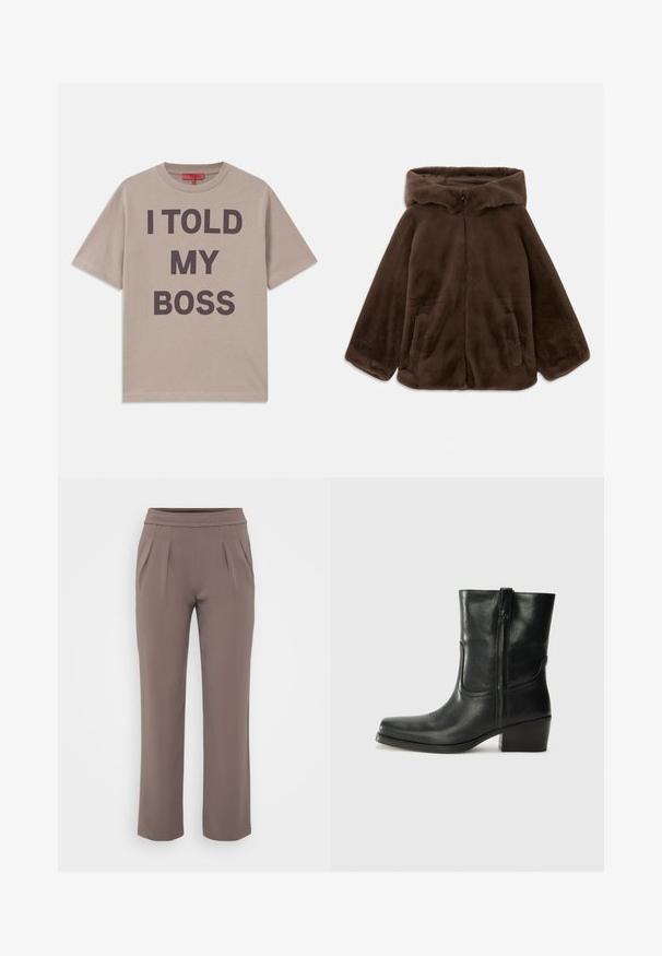Bruine nep-bont capuchonjack met voorrits en zijzakken, plat gelegd op een witte achtergrond.; Beige katoenen t-shirt, korte mouwen, ronde halslijn, met opvallende donkere tekst: "IK HEB MIJN CHEF GEZEGD" prominent gedrukt op de voorkant.; Taupe losvallende broek met elastische tailleband en voorplooien, gemaakt van zachte stof.; Zwarte leren enkellaars met een ronde neus, blokhak, zijrits en stikselaccenten op de wreef. Gladde textuur, klassiek ontwerp.