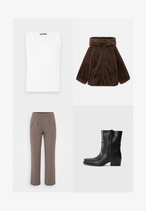 Brun faux fur hættejakke med frontlynlås og sidelommer, vist liggende fladt på en hvid baggrund.; Hvid ribbed tanktop med runde udskæring og ærmeløst design. Glat tekstur med en tætsiddende form, ideel til lagdeling eller hverdagstøj.; Taupe løs-fit bukser med elastisk talje og frontfald, lavet af glat stof.; Sort læder ankelstøvle med rundt tå, blokhæl, lynlås i siden og stikninger på vampsiden. Glat tekstur, klassisk design.
