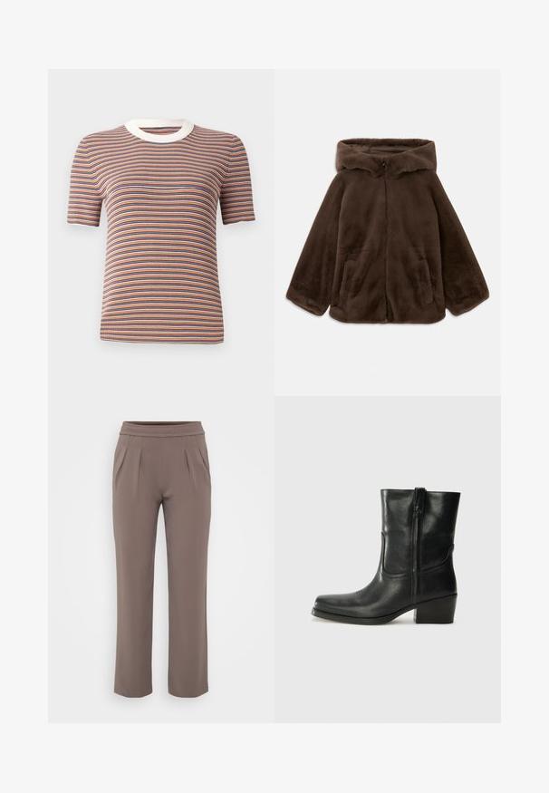 Giacca cappotto in finta pelliccia marrone con zip frontale e tasche laterali, mostrata distesa su uno sfondo bianco.; T-shirt a righe a maniche corte in arancione, blu e bianco. Presenta una texture a costine e un collo rotondo bianco.; Pantaloni taupe a vestibilità ampia con elastico in vita e pieghe frontali, realizzati in tessuto morbido.; Stivale ankle in pelle nera con punta arrotondata, tacco a blocco, cerniera laterale e dettagli in cucitura sulla tomaia. Texture liscia, design classico.