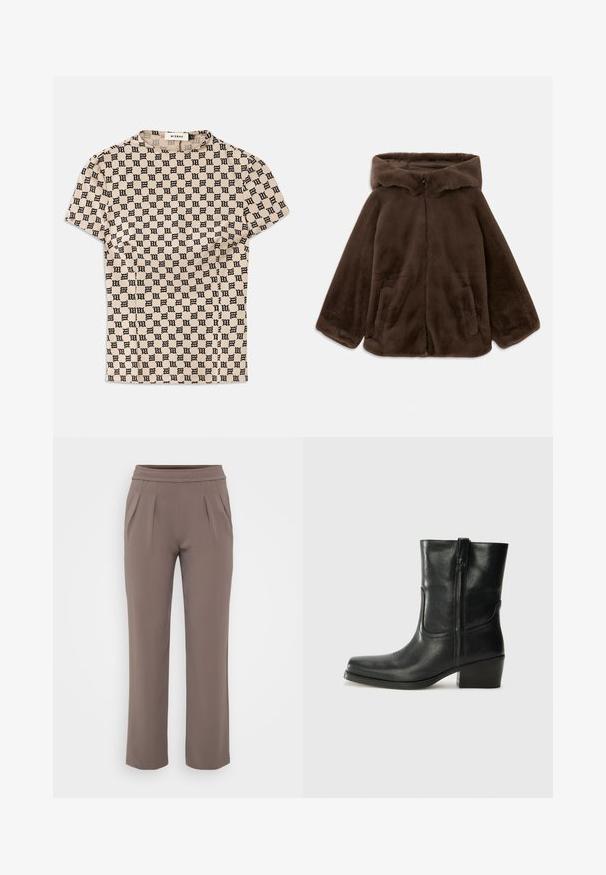 Pruun faux karvane kapuutsiga jakk, millel on ees tõmblukk ja küljetaskud, lamab valge taustal.; Bež lühikeste varrukatega särk, millel on must gothic-stiilis "M" muster üle kogu pinna ja ümmargune krae, millel on silt MISBHV.; Taupe värvi lahtised püksid elastse vöökohtadega ja ees pleated, valmistatud siledast kangast.; Musta nahast pahkluu saabas ümarate varvastega, plokknäppu, külgsepa ja pealsetel õmblusest aktsentidega. Sile tekstuur, klassikaline disain.