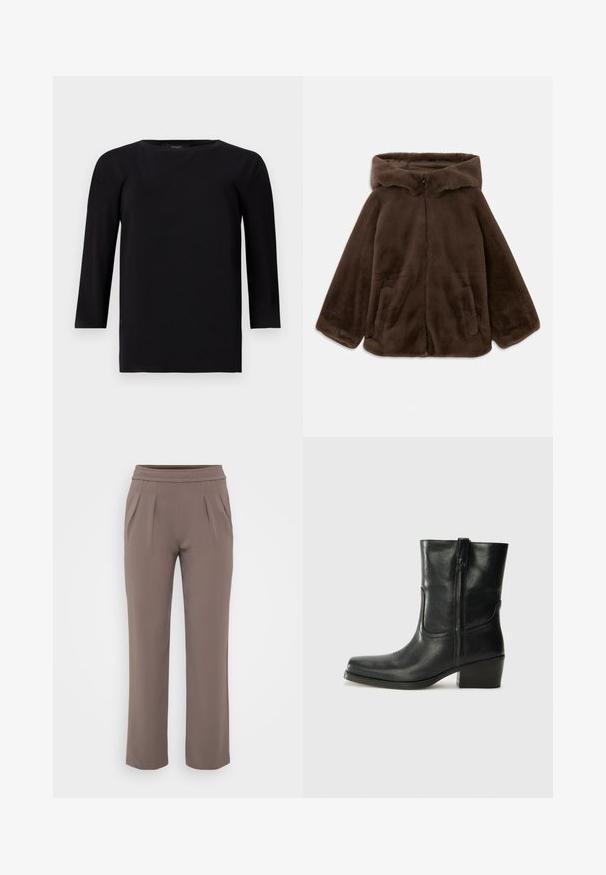 Rjava umjetna krzna jakna s kapuljačom, s prednjim zatvaračem i bočnim žepovima, prikazana položena ravno na bijeloj pozadini.; Črni dolgi rokavi s krožnim izrezom, izdelan iz gladkega, lahkega materiala. Ima sproščen kroj in raven rob z minimalnimi šivi.; Taupe hlače širokega kroja z elastičnim pasom in sprednjimi gubi, narejene iz gladkega materiala.; Črne usnjene gležnjarje z zaobljenim nosom, blok peto, stransko zadrgo in šivanjem na vampu. Gladka tekstura, klasična zasnova.