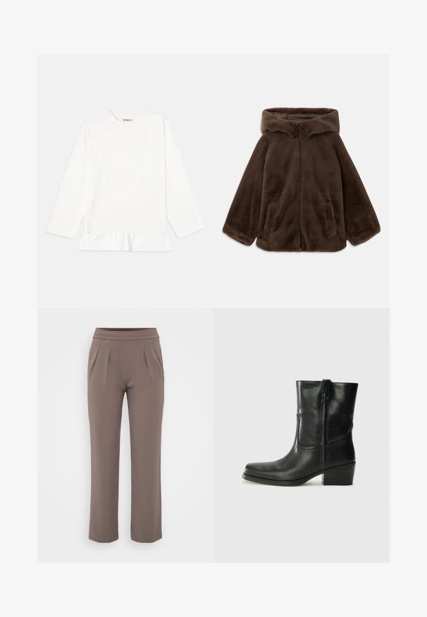 Pruun faux karvane kapuutsiga jakk, millel on ees tõmblukk ja küljetaskud, lamab valge taustal.; Valge pika varrukaga särk pehmest kangast, millel on volangiga äär. Disain sisaldab ümmargust kaelust ja diskreetset brändimist rindade piirkonnas.; Taupe värvi lahtised püksid elastse vöökohtadega ja ees pleated, valmistatud siledast kangast.; Musta nahast pahkluu saabas ümarate varvastega, plokknäppu, külgsepa ja pealsetel õmblusest aktsentidega. Sile tekstuur, klassikaline disain.