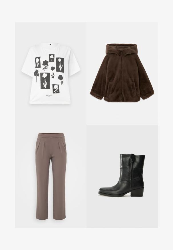 Veste à capuche en fausse fourrure marron avec fermeture éclair avant et poches latérales, présentée à plat sur un fond blanc.; T-shirt blanc à manches courtes avec un imprimé floral noir représentant diverses formes de fleurs sur des arrière-plans rectangulaires. Le texte en bas indique "WEEK-END."; Pantalons amples taupe avec taille élastique et plis à l'avant, fabriqués en tissu lisse.; Bottine en cuir noir avec un bout rond, un talon carré, une fermeture éclair sur le côté et des coutures décoratives sur l'empeigne. Texture lisse, design classique.