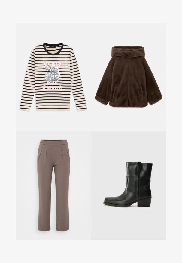 Brown faux fur hooded jacket with front zipper and side pockets, shown laid flat on a white background.; Striped long-sleeve shirt in beige and navy, featuring a floral graphic and text "PARIS MON AMOUR" in pink, with a round black neckline.; Taupe loose-fit trousers with elastic waistband and front pleats, made from smooth fabric.; Black leather ankle boot with a rounded toe, block heel, side zipper, and stitching accents on the vamp. Smooth texture, classic design.