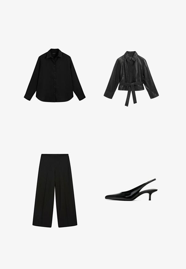 Zwarte leren jas met een kraag, brede mouwen en een ceintuur in de taille. Voorzien van zijzakken en een gladde, glanzende textuur.; Zwarte long-sleeve shirt van lichtgewicht materiaal, met een knoopsluiting aan de voorkant, puntige kraag en afgeronde zoom.; Zwarte wijde pantalons van zachte stof, met een hoge taille en plooien, met een gladde textuur en zonder zichtbare versieringen.; Zwarte slingback schoen met puntige neus, afgewerkt in glanzend leer en met een dunne, lage hak. Bevat een uitsnede aan de zijkant voor ademend vermogen.