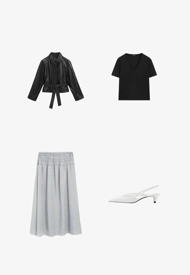 Zwarte leren jas met een kraag, brede mouwen en een ceintuur in de taille. Voorzien van zijzakken en een gladde, glanzende textuur.; Zwarte T-shirt met korte mouwen en V-hals, met een eenvoudig, aansluitend ontwerp op een witte achtergrond.; Lichtgrijze, knielange rok met een gathered elastische tailleband en een zachte, gladde textuur. Vloeiende vorm met een lichte A-lijn.; Witte slingback hak met spitse neus, voorzien van een gladde bovenkant, subtiele uitsparingen en een lage blokhak. Zwarte zool accentueert het ontwerp.