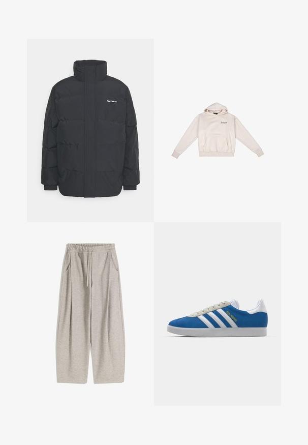 Crna puffer jakna s visokim ovratnikom, prednjim zatvaračem i elastičnim manžetama. Ima džep i mali logo na prsima. Teksturalna površina.; Kremasti dukserica s kapuljačom, prednjim džepom, vezicom za kapuljaču, rebrastim manžetama i rubom, s malim logotipom u gornjem lijevom kutu.; Svijetlosive trenirke s elastičnim pojasom, podešivim vezicom, dvije bočne džepove i širokim, lepršavim nogavicama. Mekana tekstura, nabran dizajn.; adidas Originals ADIDAS GAZELLE SHOES - Dvoranske nogometne kopačke - real madrid/bluebird/footwear white/crew yellow