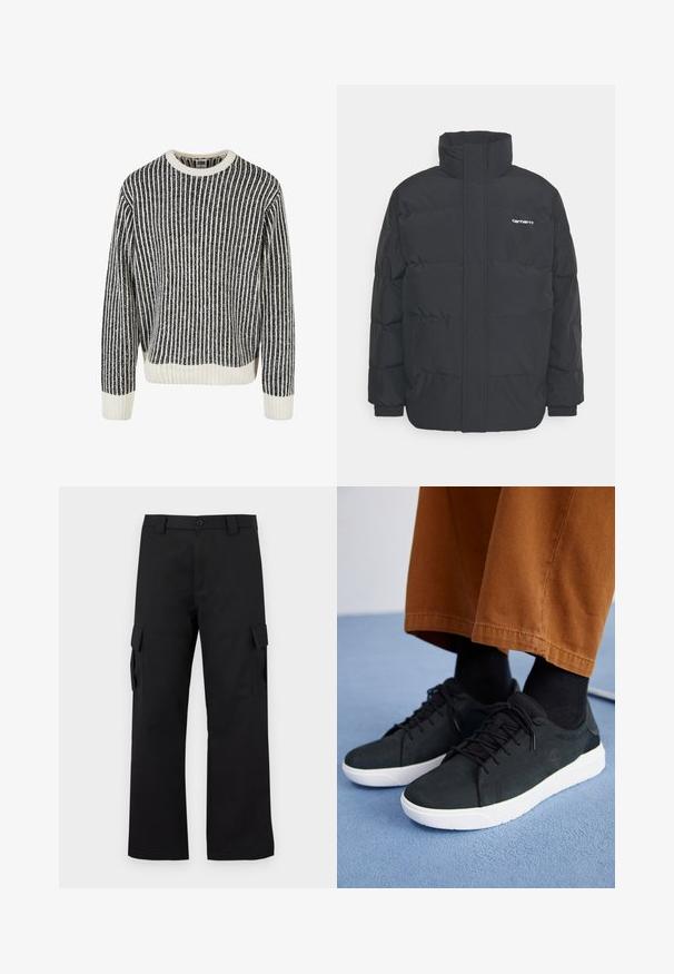 Schwarze Daunenjacke mit hohem Kragen, Reißverschluss vorne und elastischen Bündchen. Verfügt über eine Tasche und ein kleines Logo auf der Brust. Strukturiert Oberfläche.; Gestreifter Strickpullover in Schwarz und Weiß mit Rundhalsausschnitt, gerippter Textur und langen Ärmeln. Der untere Saum und die Bündchen sind mit einfarbigen weißen Akzenten versehen.; Schwarze Cargo-Hosen mit geradem Bein Design. Hergestellt aus strapazierfähigem Stoff, mit zwei Seitentaschen mit Klappen und einem Knopfverschluss.; Schwarze Wildleder-Sneaker mit weißen Gummisohlen, mit Schnürdesign, strukturierten Akzenten und dezentem Branding, kombiniert mit braunen Hosen.