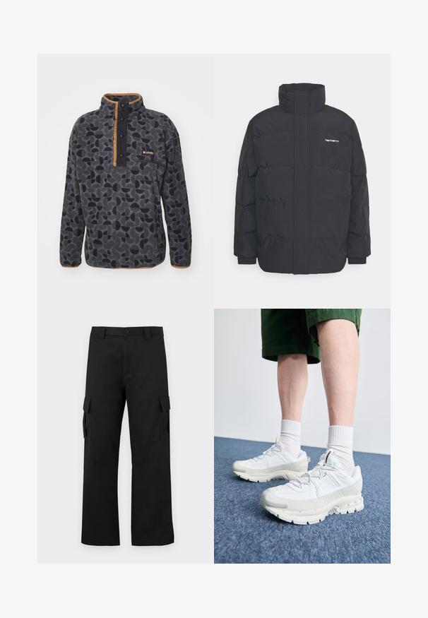 Fekete puffKabát magas nyakkal, cipzáros előlappal és rugalmas mandzsettával. Tartalmaz egy zsebet és egy kis logót a mellkason. Texturált felület.; Columbia HELVETIA - Polárpulóver - black retroscape; Fekete cargo nadrág egyenes szárú kialakítással. Tartós anyagból készült, két oldalzsebbel, tépőzáras fedéllel és gombos zipzárral.; Fehér sportcipők texturált burkolattal, vastag talppal és szürke részletekkel. Fehér sportzoknival és zöld rövidnadrággal viselve, kék felületen.