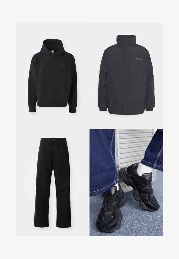 Melnā pūkainā jaka ar augstu apkakli, rāvējslēdzēja priekšpusi un elastīgām piedurknēm. Iespējama kabata un neliels logo uz krūtīm. Strukturēta virsma.; Melnās kapuces džemperis, izgatavots no mīkstas auduma, ar priekšējo kabatu un smalku Puma logo pelēkā krāsā uz krūtīm. Ikdienas dizains ar ribotiem apročiem.; Melnas džinsu bikses ar taisnu griezumu, ar priekšējiem kabatām, rāvējslēdzēju un vienu augšējo pogu. Tekstūrēta auduma matēta virsma.; Melnas kedas, kas izgatavotas no teksturētiem un gludiem materiāliem, ar izteiksmīgām šņorēm un masīvu zoli, kombinētas ar tumšiem džinsu biksēm.